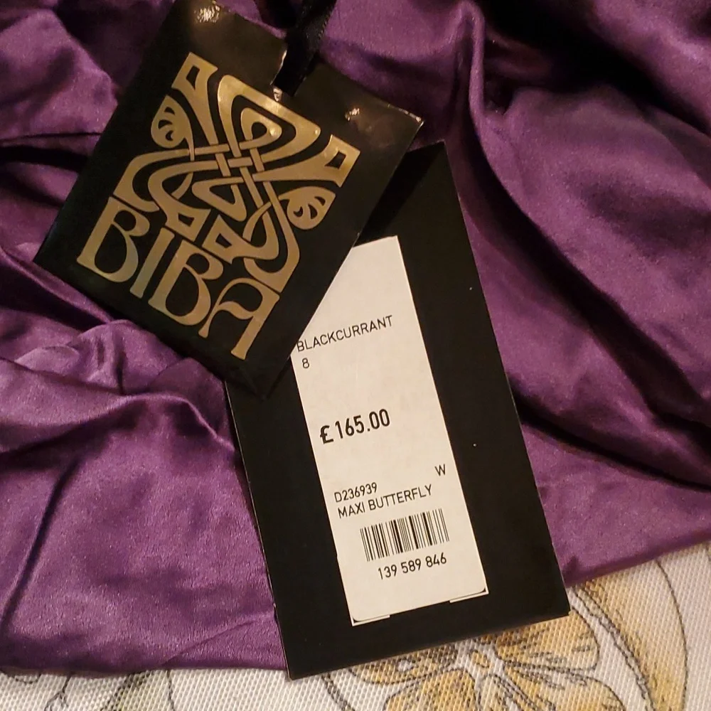 Silk Maxi BIBA Butterfly Beaded Purple Flutter Dress Mid Arm Flutter Sleeves - Picture 7 of 10